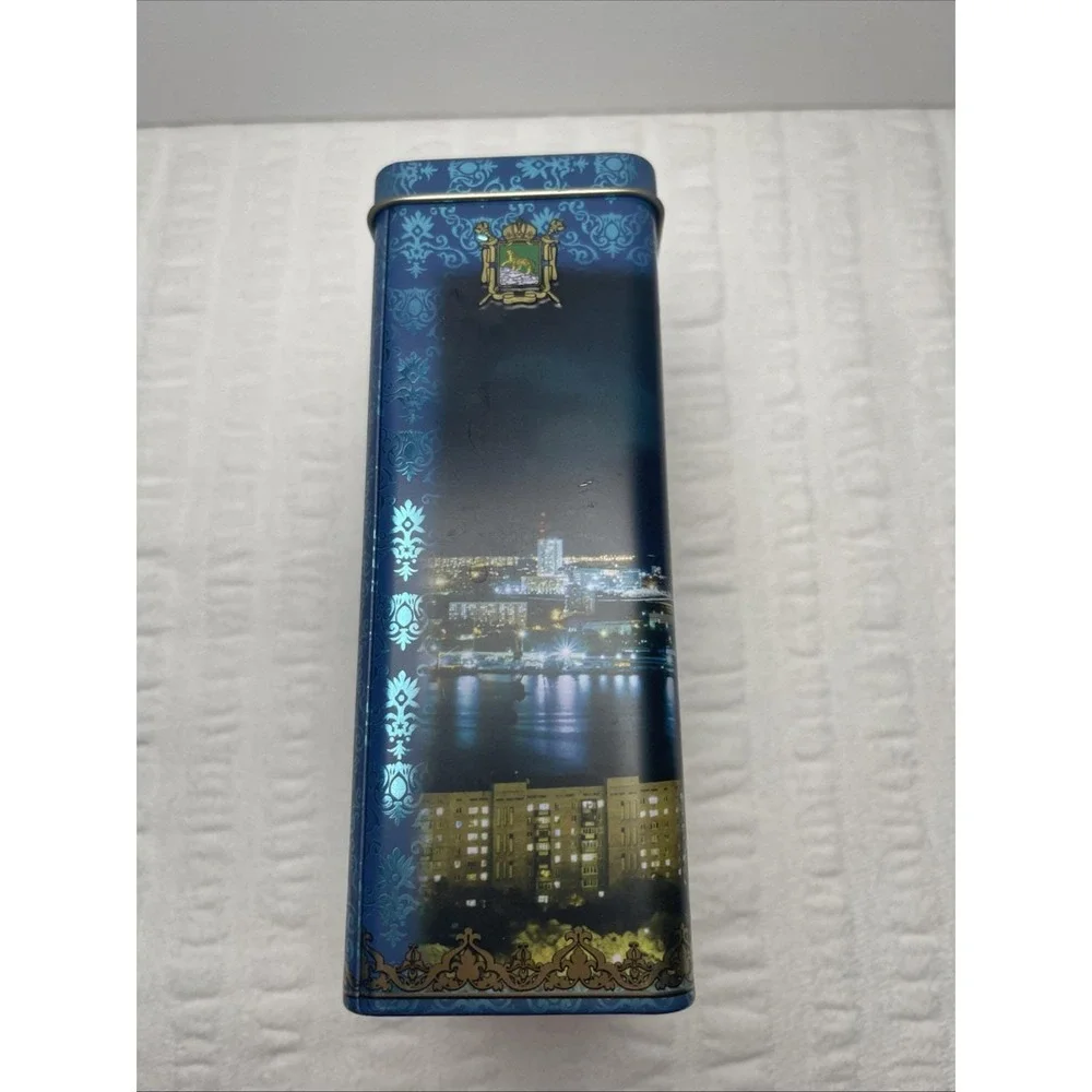 Vladivostok Russia Zolotoy Bridge Tea Tin Hinged Decorative Blue Souvenir Box
